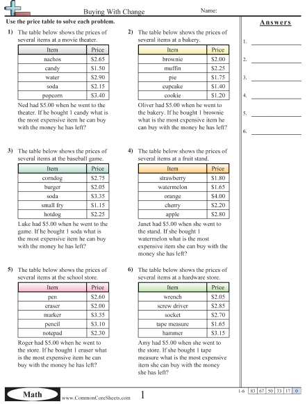 Money Worksheets - Buying With Change  worksheet